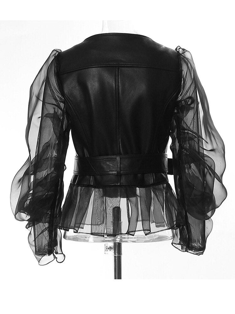 Pu Leather Mesh Sleeves Elegant Jacket - Whiicka