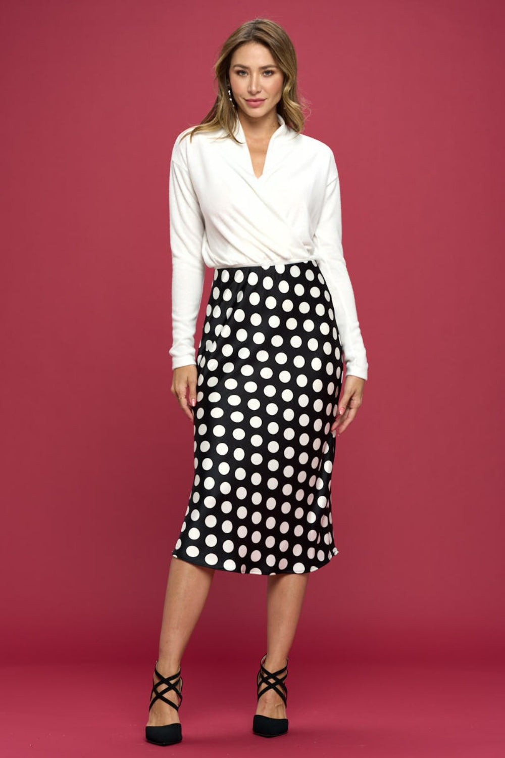 Polka Dot Satin Midi Skirt