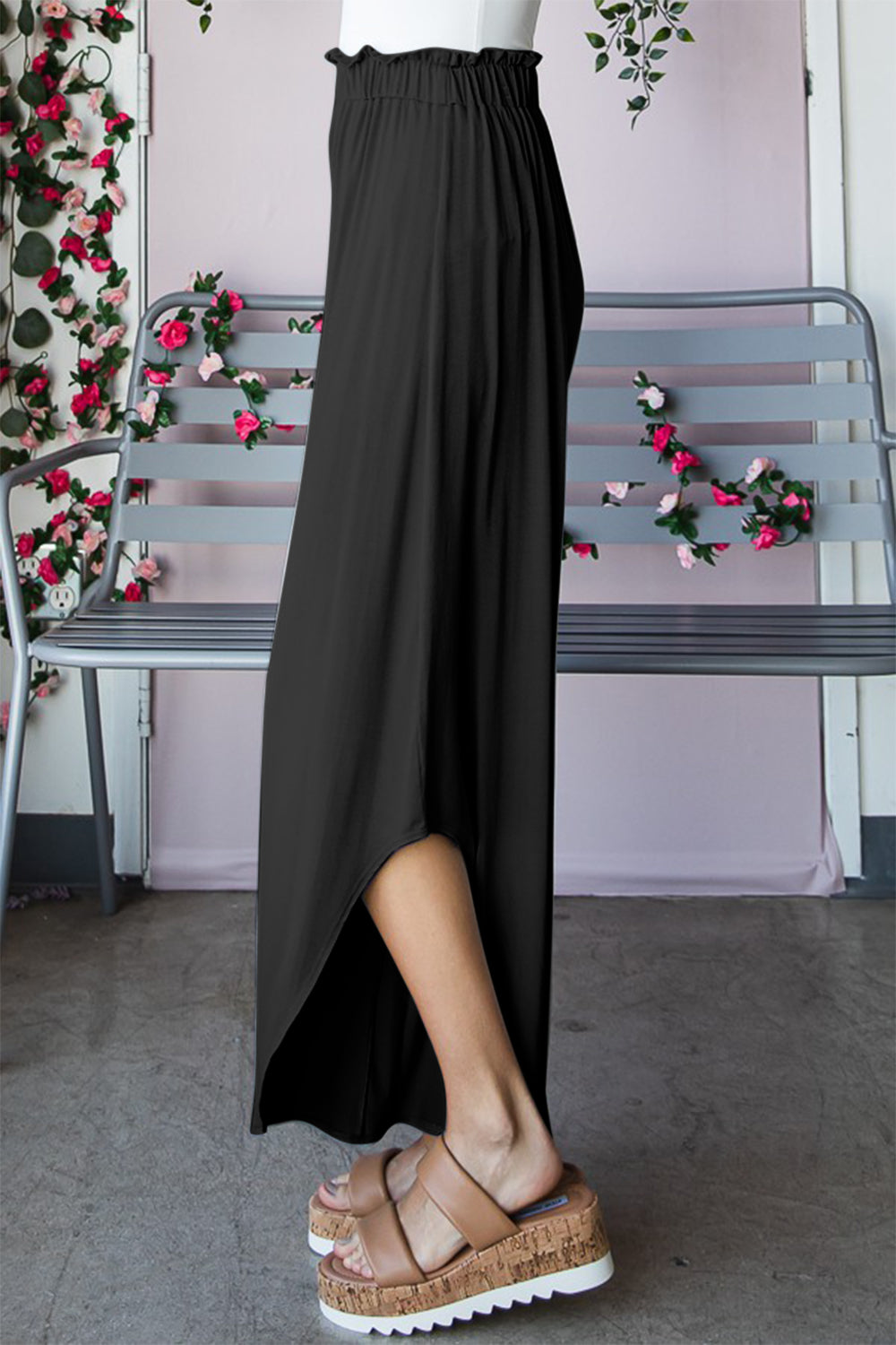 Black Frill Slit High Waist Wide Leg Pants