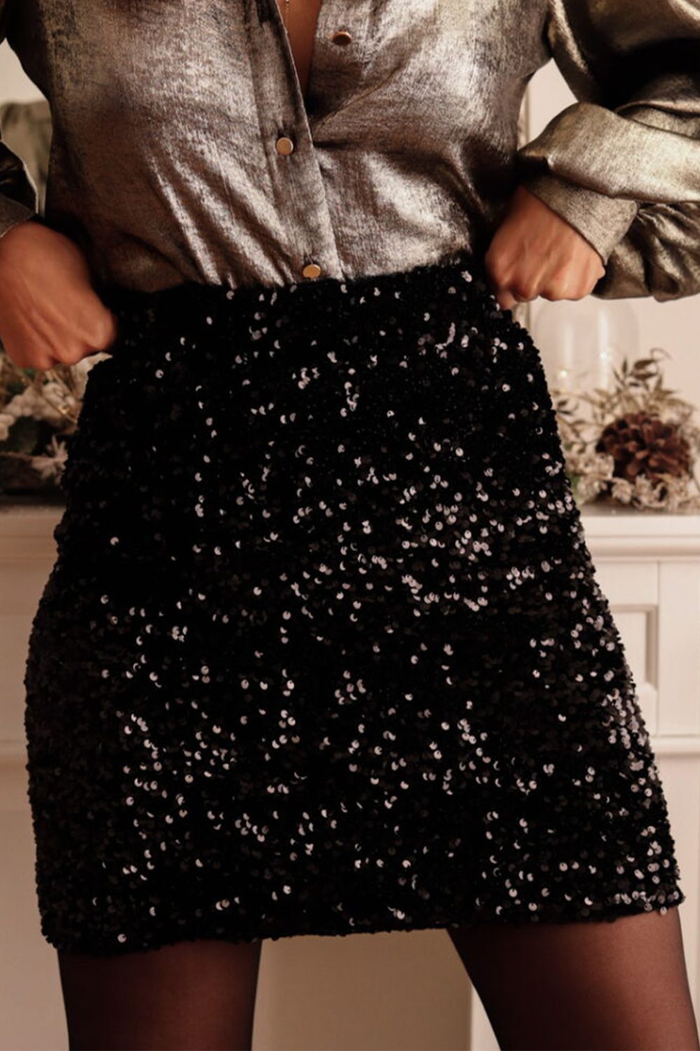 Black Sequin Mini Skirt