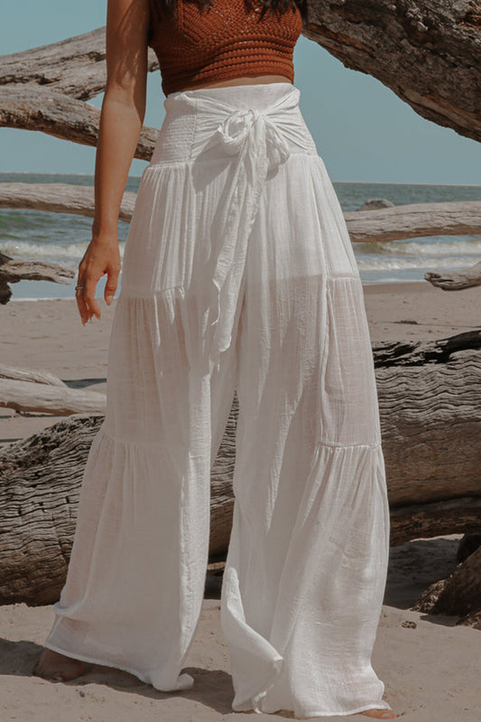 White Smocked Tied Wide Leg Pants