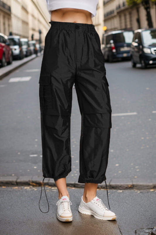 Black Drawstring High Waist Pants with Cargo Pockets