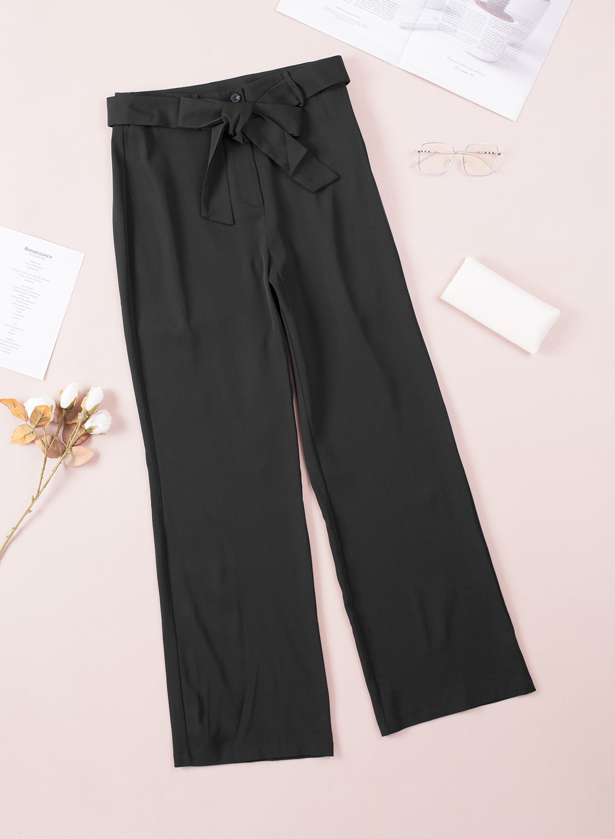 Black Tied High Waist Straight Pants