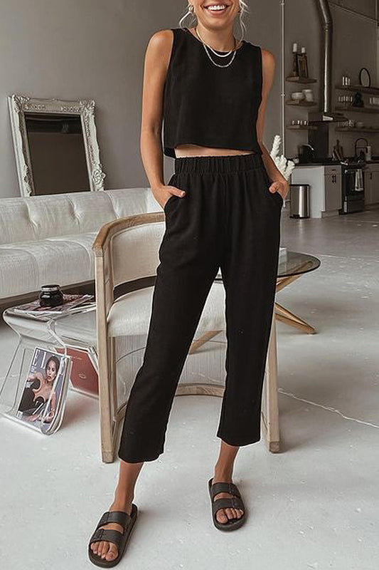 Black Round Neck Top and Pants Set