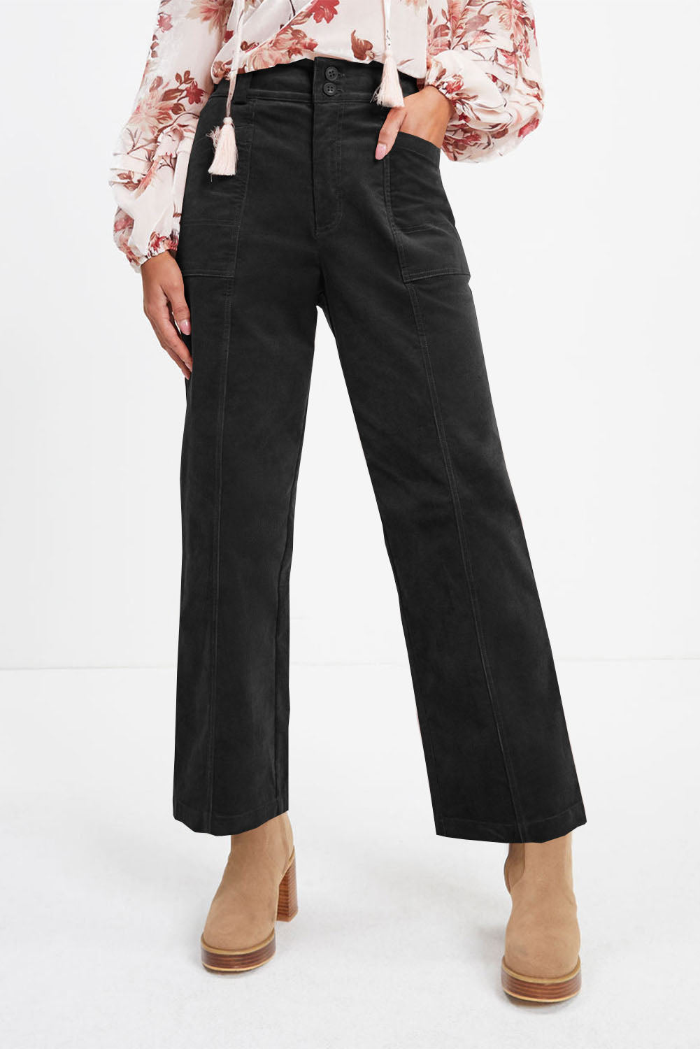 Black Pocketed Elastic Waist Straight Pants