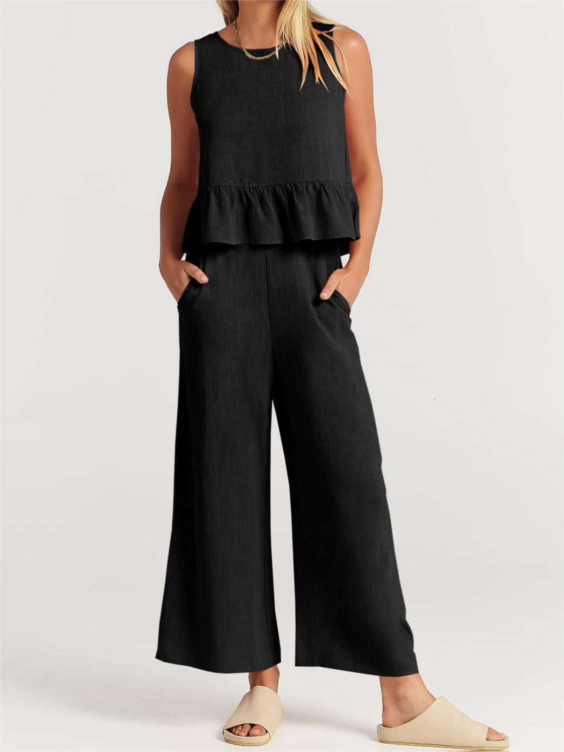 Round Neck Top and Wide Leg Pants Set