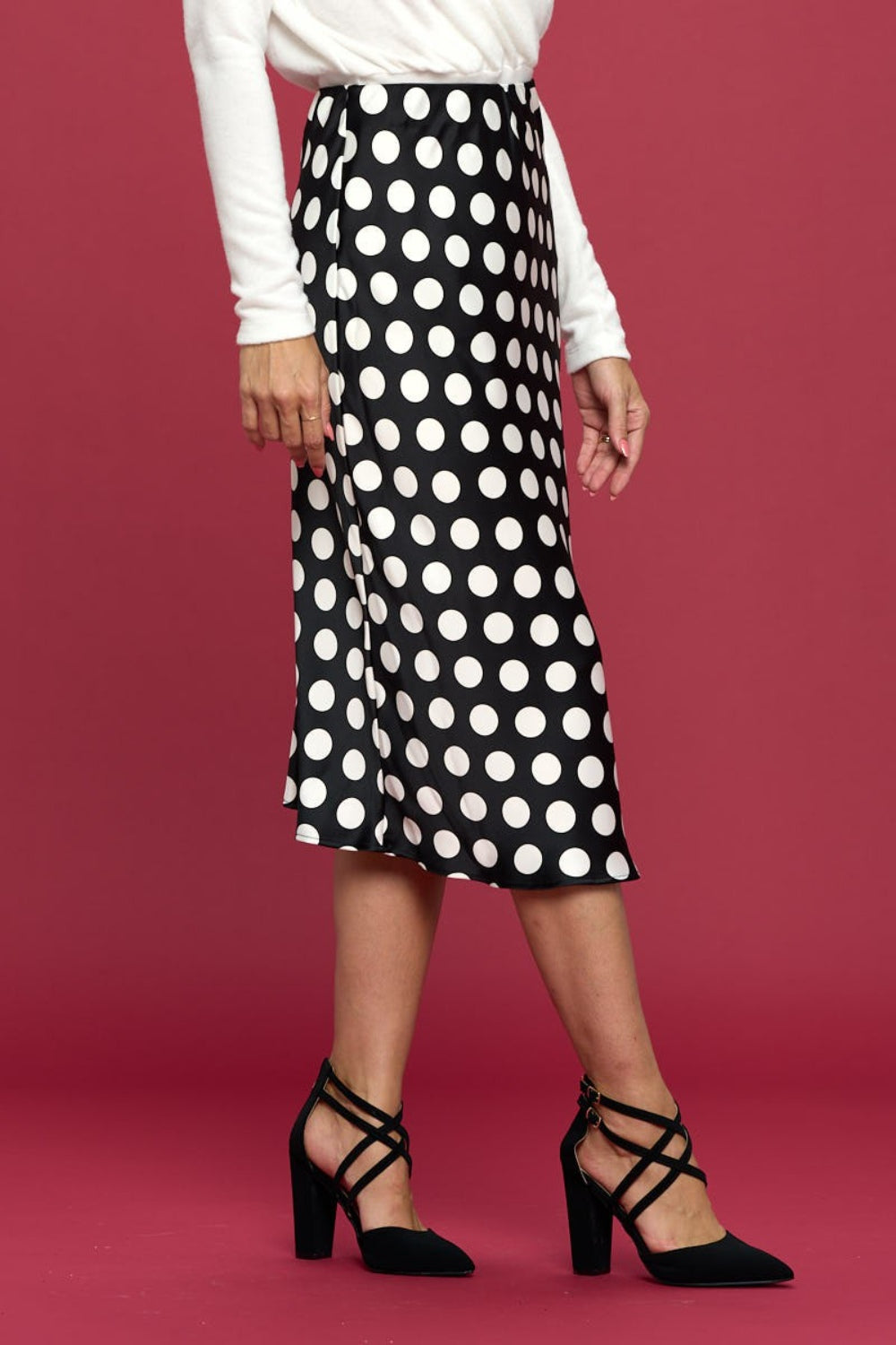 Polka Dot Satin Midi Skirt