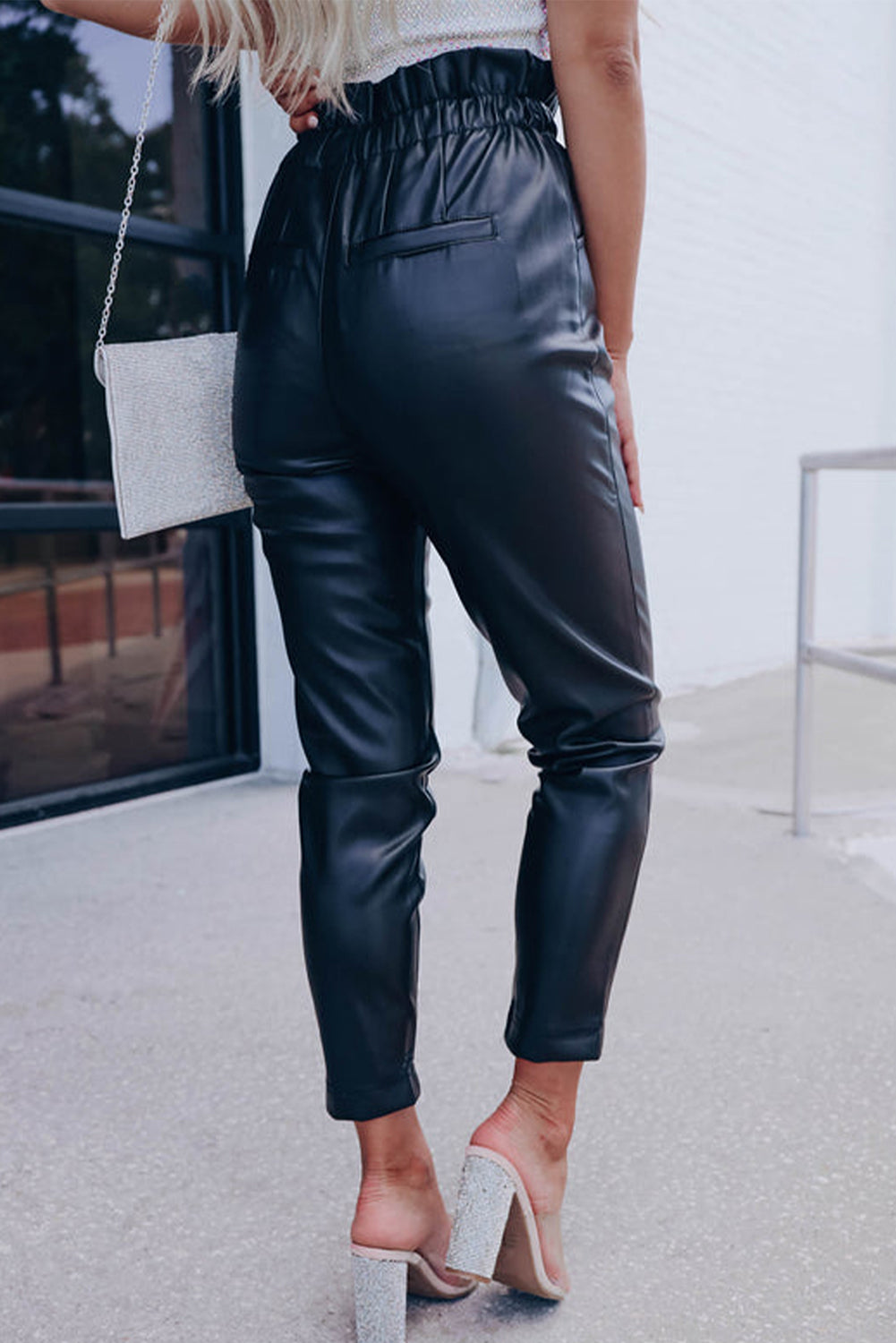 Black High Waist PU Leather Cropped Pants