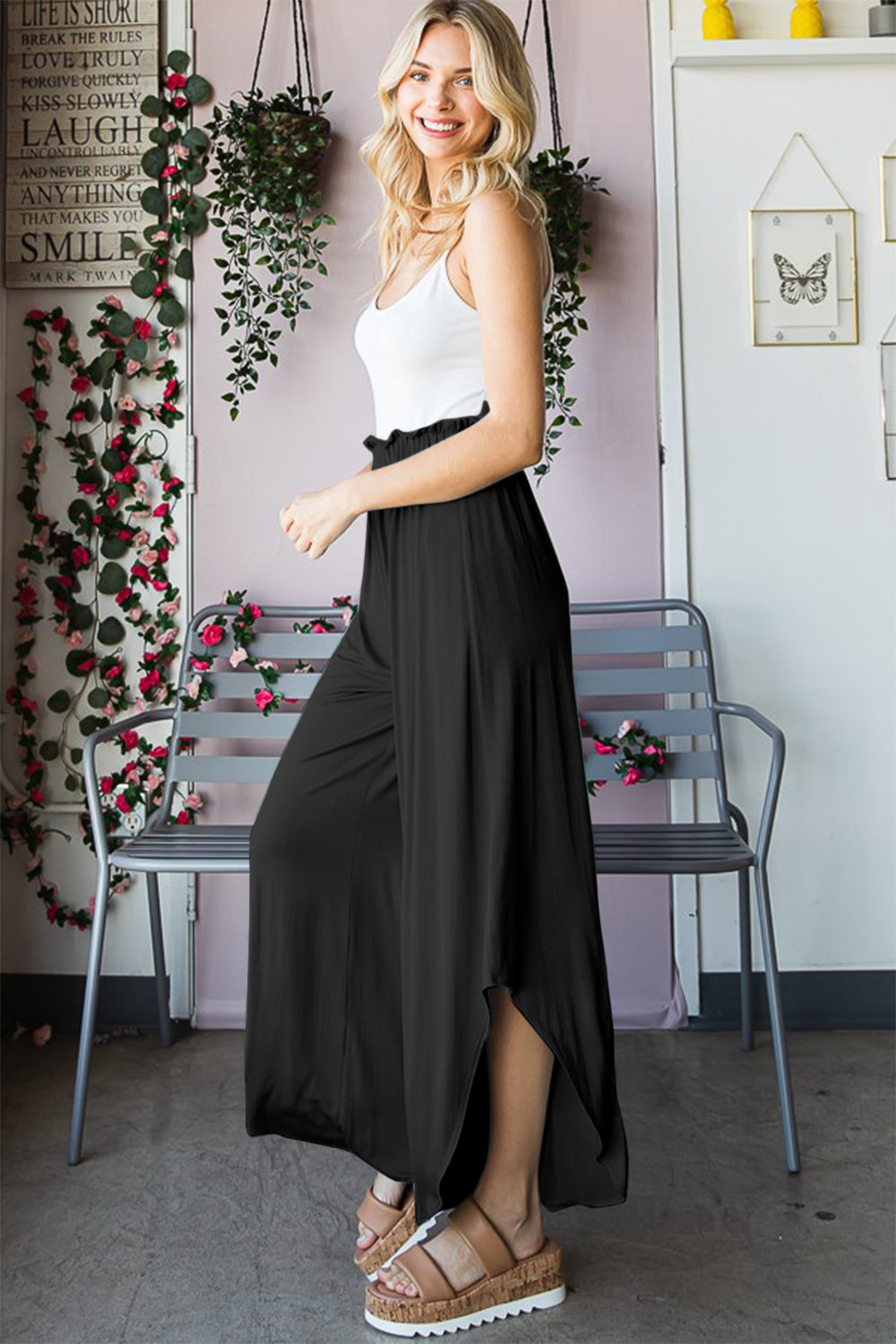 Black Frill Slit High Waist Wide Leg Pants