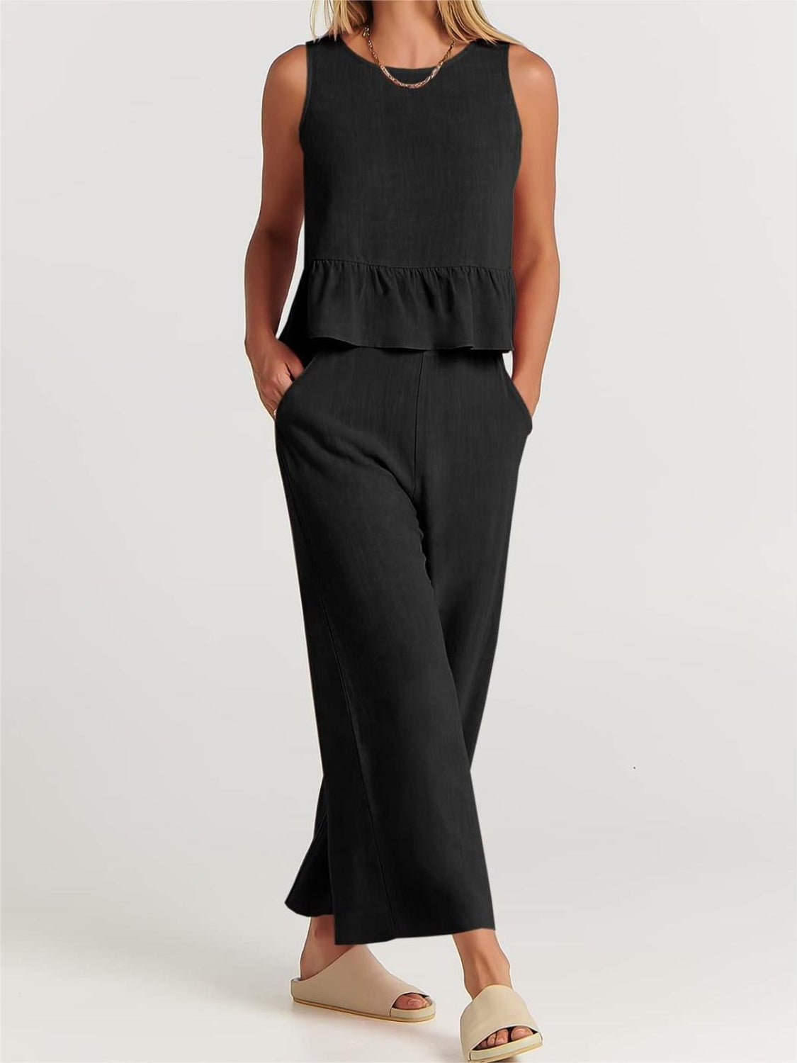 Round Neck Top and Wide Leg Pants Set