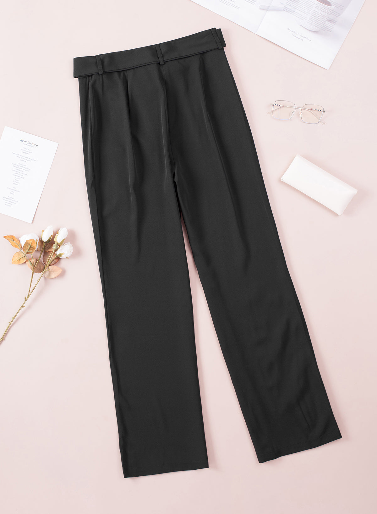 Black Tied High Waist Straight Pants