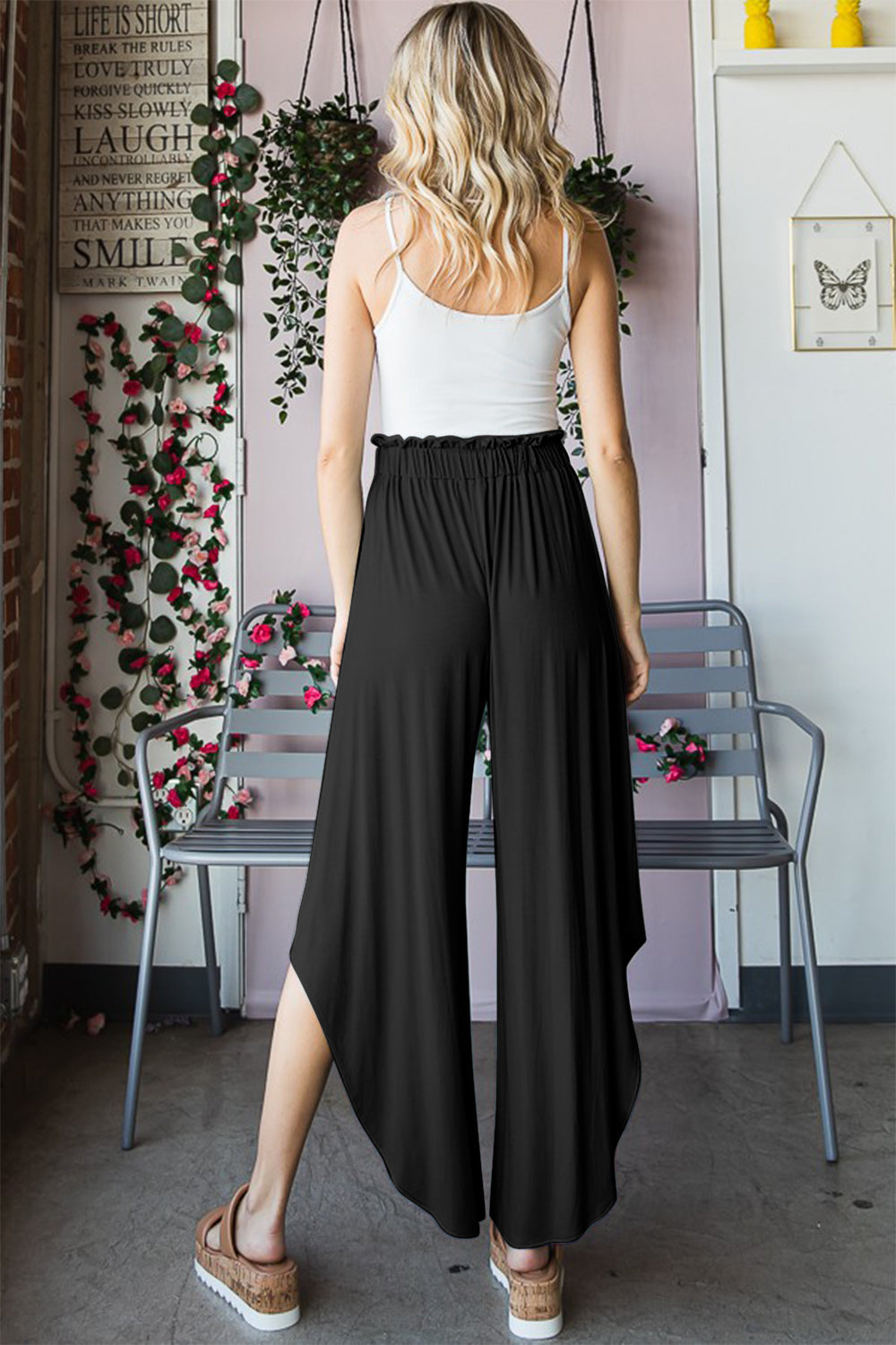 Black Frill Slit High Waist Wide Leg Pants