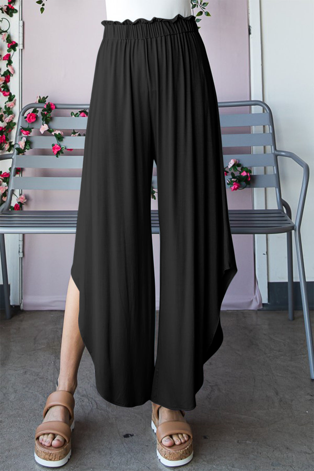 Black Frill Slit High Waist Wide Leg Pants