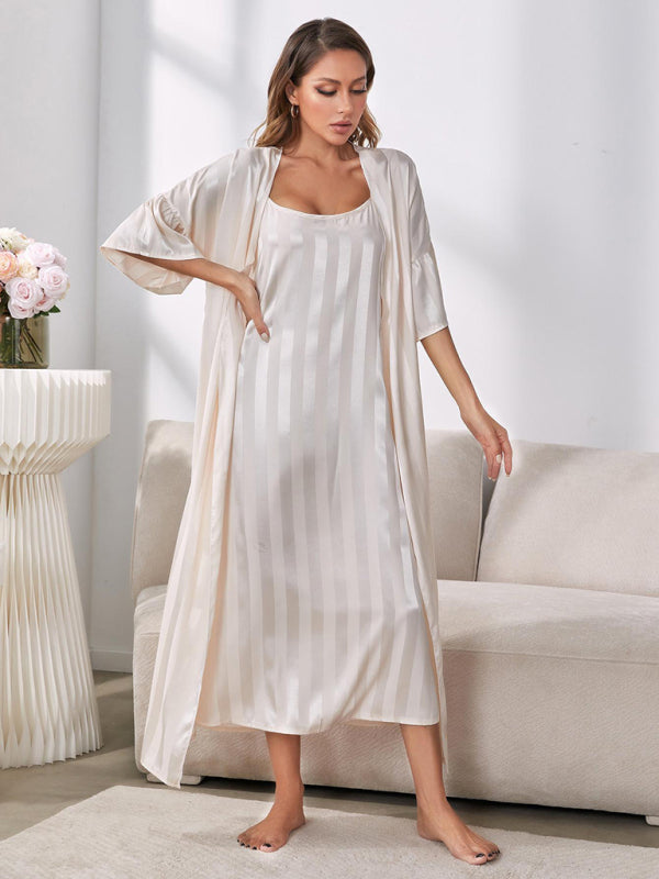 Women's long stripped nightgown set