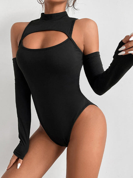 Women's irregular hollow long-sleeved bodysuit