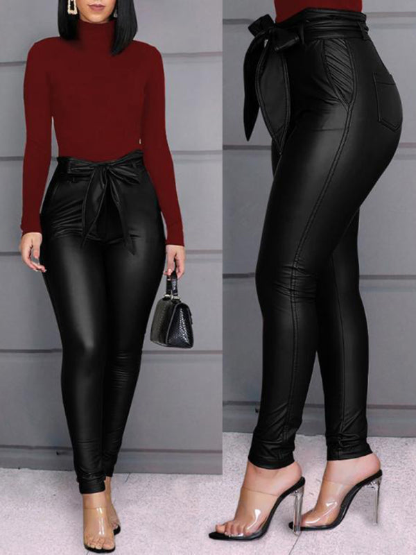 Ladies Casual PU Leather Pants with Belt