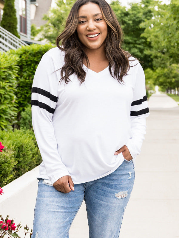 Plus size loose long-sleeved V-neck top