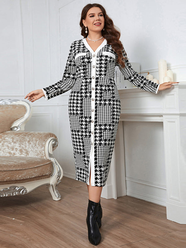 Plus-size slim-fit long plaid midi dress