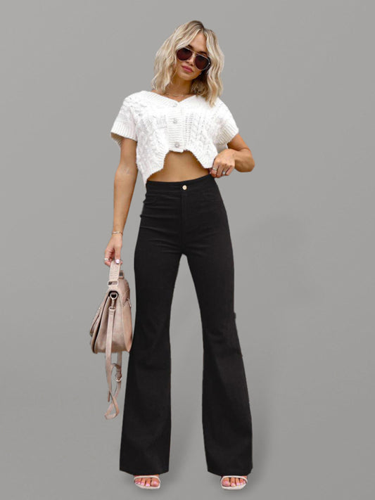 Black High Waist Slim Flared Corduroy Pants