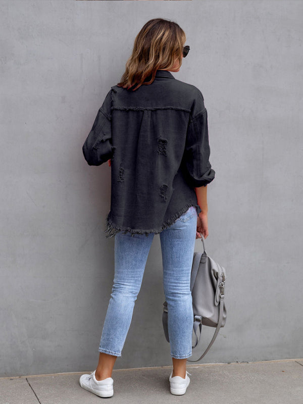 Raw edge ripped denim casual trendy jacket