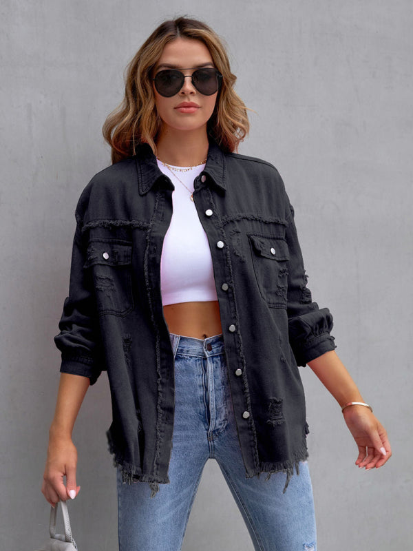 Raw edge ripped denim casual trendy jacket