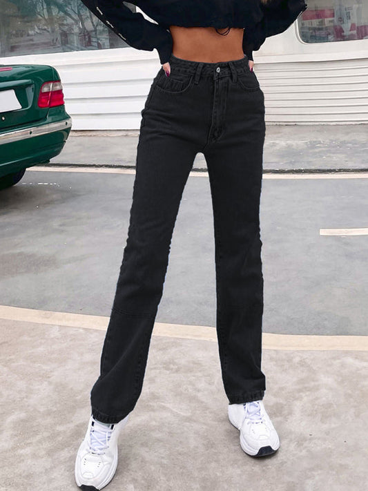 Women's black high waist straight-leg denim