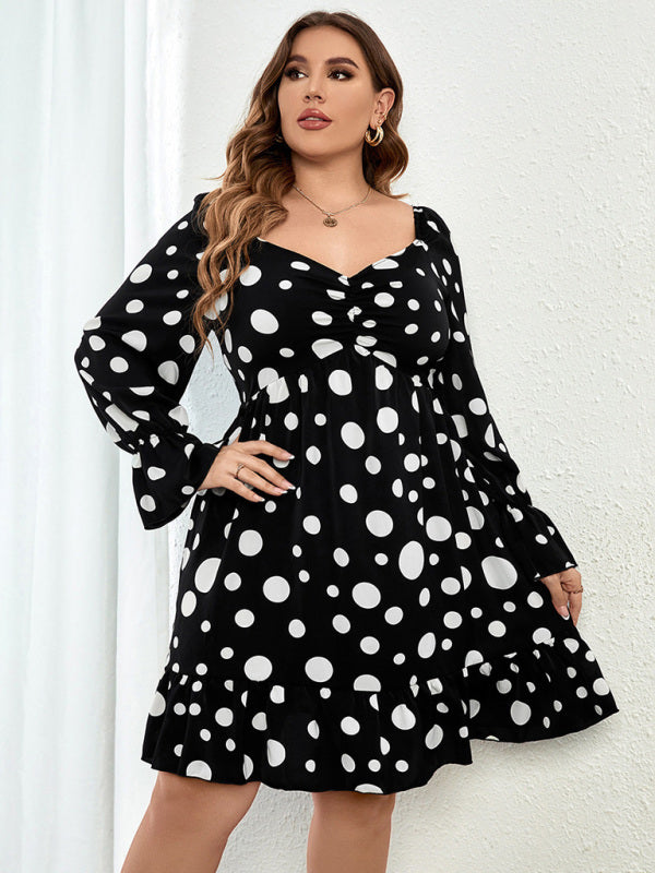 Plus size polka dot casual long sleeves dress