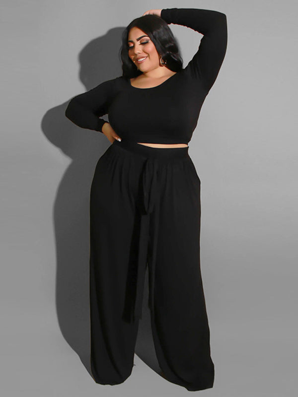 Women's plus size Black knitted casual two-piece set