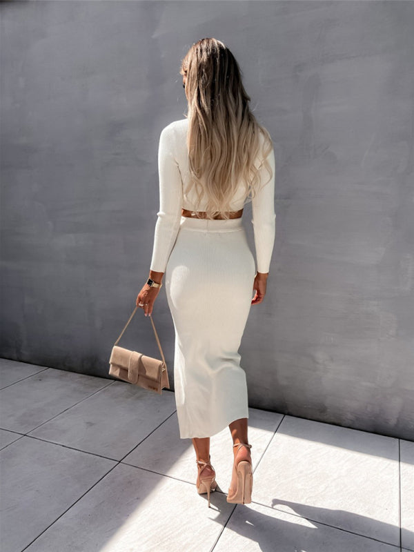 Threaded long-sleeved slit dress two-piece set