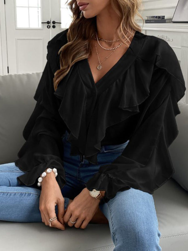 V Neck Ruffle Top Long Sleeves Shirt