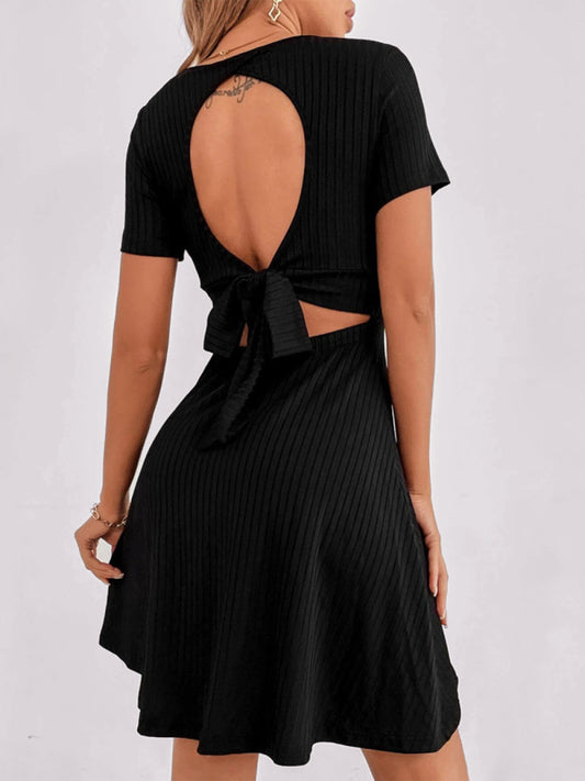 Faux Wrap Open Back Tie Rib Dress