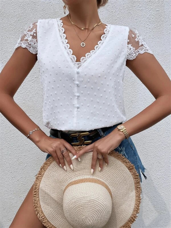 V-Neck Panel Lace Trim Shirt