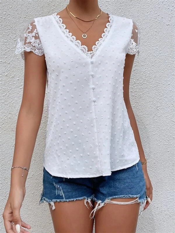 V-Neck Panel Lace Trim Shirt