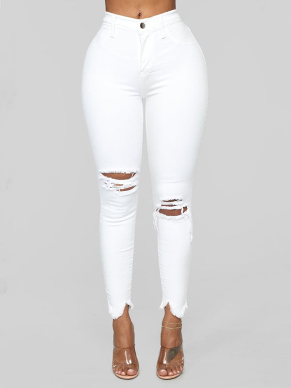 Women's elastic ripped denim white cropped Pants