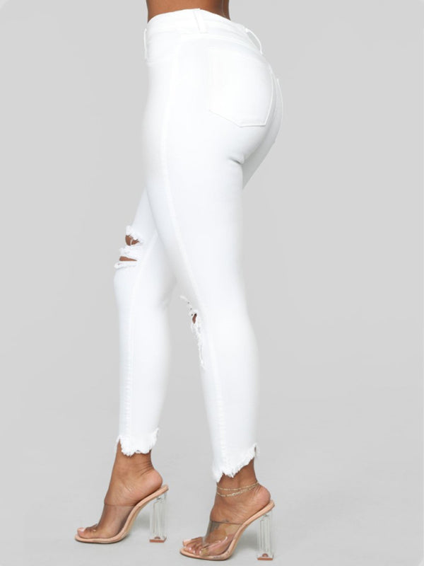 Women's elastic ripped denim white cropped Pants