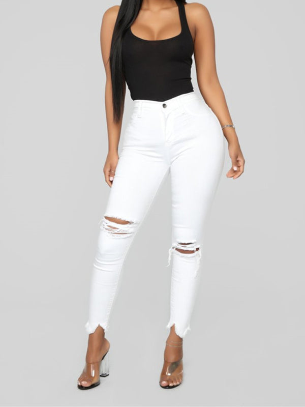 Women's elastic ripped denim white cropped Pants