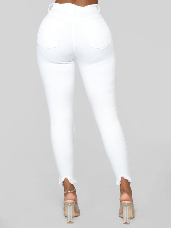 Women's elastic ripped denim white cropped Pants