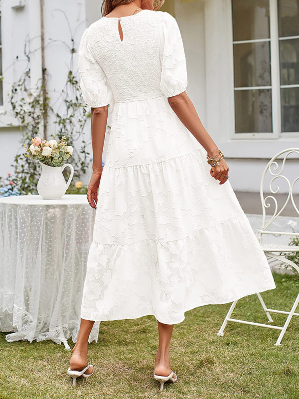 White Jacquard Chiffon Round Neck Pleated Dress