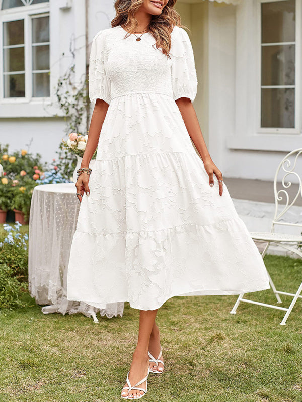 White Jacquard Chiffon Round Neck Pleated Dress