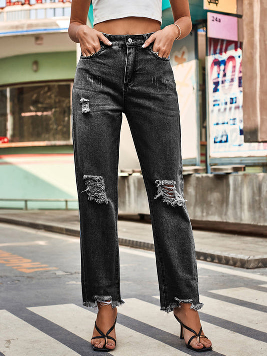 Denim Style Ripped Trousers Casual Pants