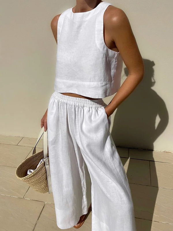 White Casual Loose Sleeveless Shirt Trousers Two-Piece Set