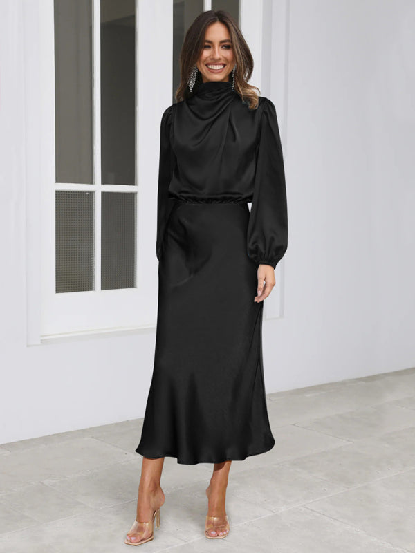 Elegant Satin Long Sleeve Loose Dress