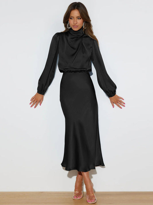 Elegant Satin Long Sleeve Loose Dress