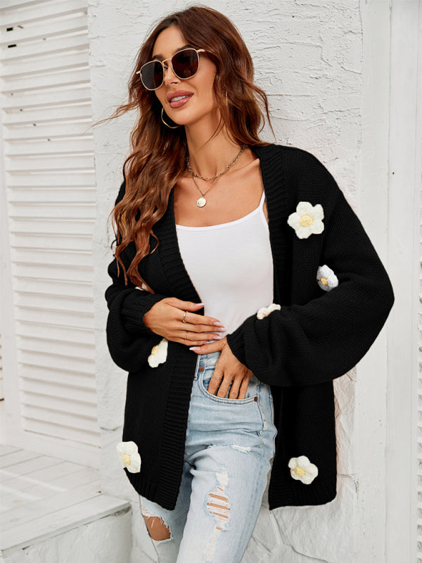 Long-sleeved floral cardigan knitted sweater