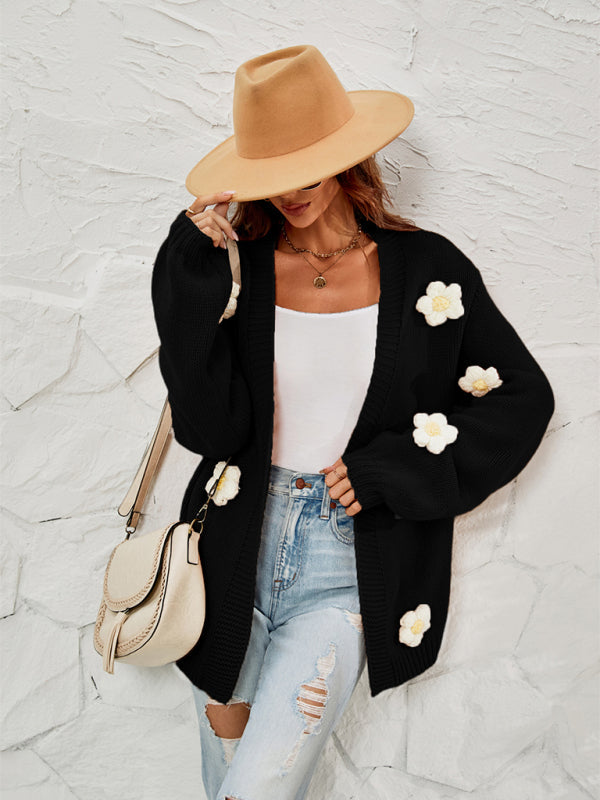 Long-sleeved floral cardigan knitted sweater