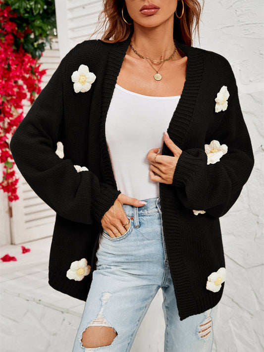 Long-sleeved floral cardigan knitted sweater