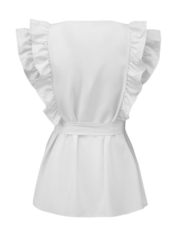 White ruffled short-sleeved shirt with belt