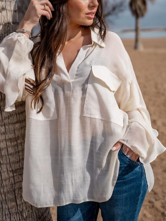 White long-sleeved cotton linen beach shirt