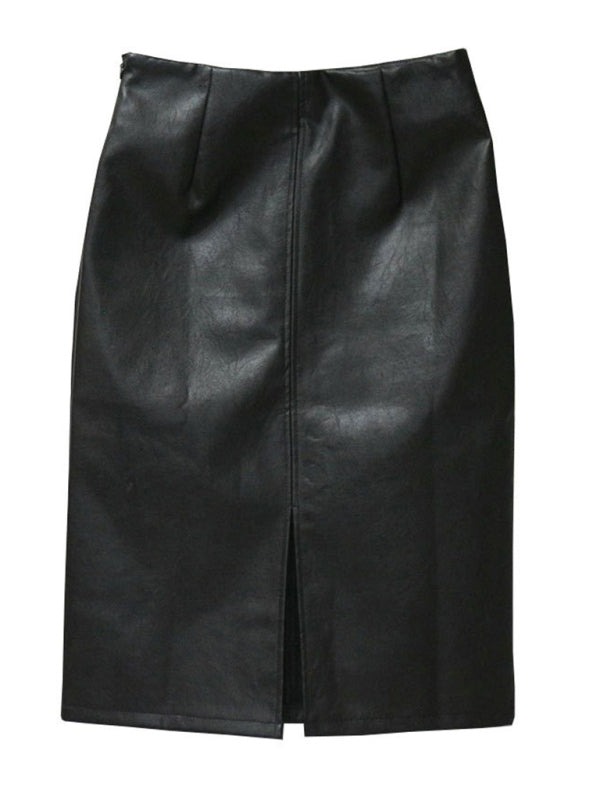 Women's Slim Fit Spliced Slit PU Leather Skirt