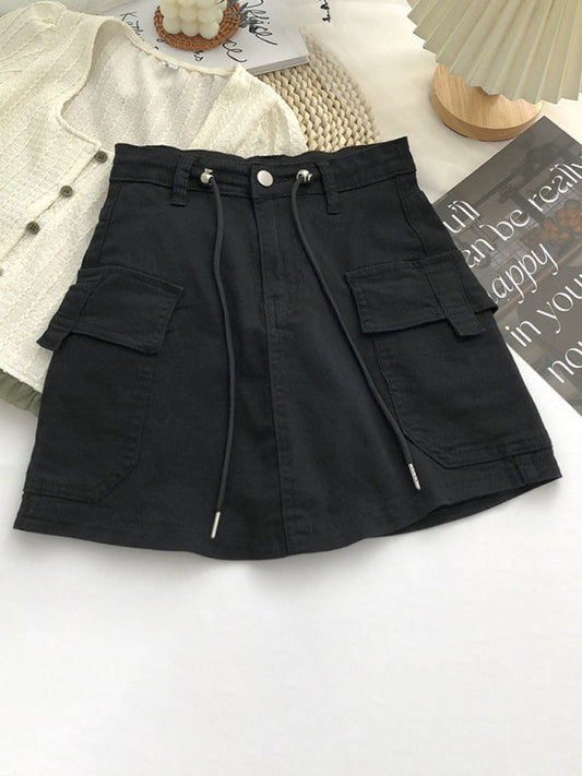 Drawstring high waist denim hip-covering skirt